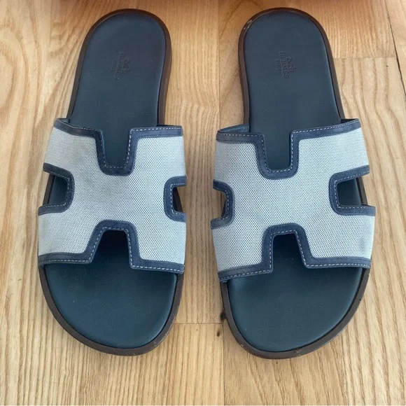 Hermes Izmir Leather Canvas H Sandal Blue Grey - Picture 2 of 9